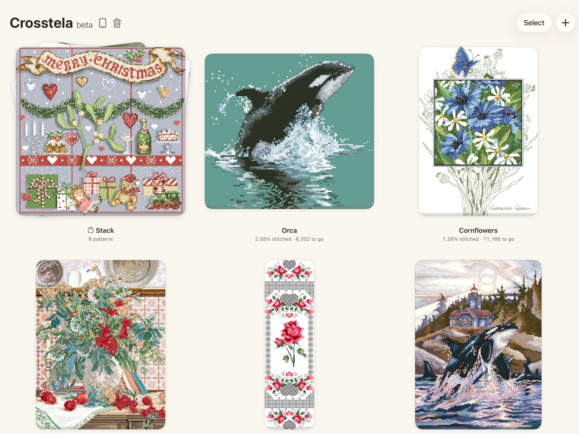 Your projects with their names, sizes and stitching progress