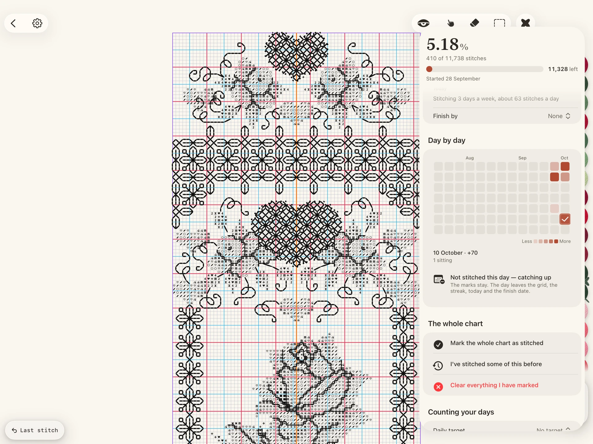 Your daily stitching goal, progress, pace and estimated finish