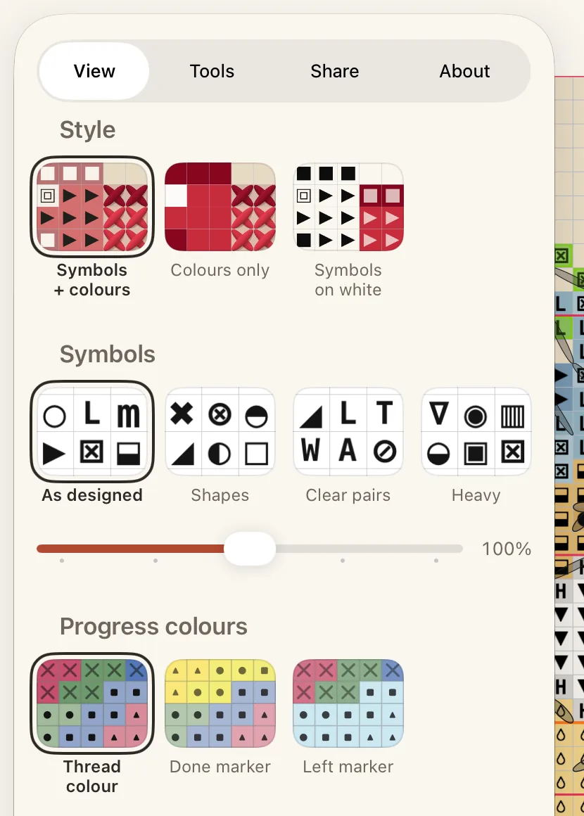 O painel Pattern no iPad, aberto na aba View.