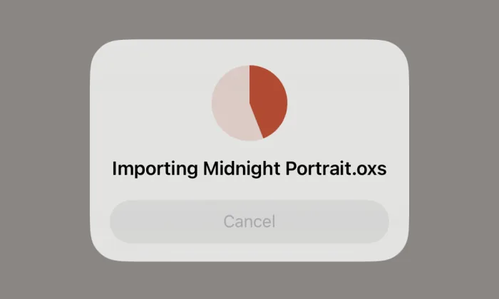 Importkortet på hylden: Importing Midnight Portrait med en fremdriftscirkel og Cancel.