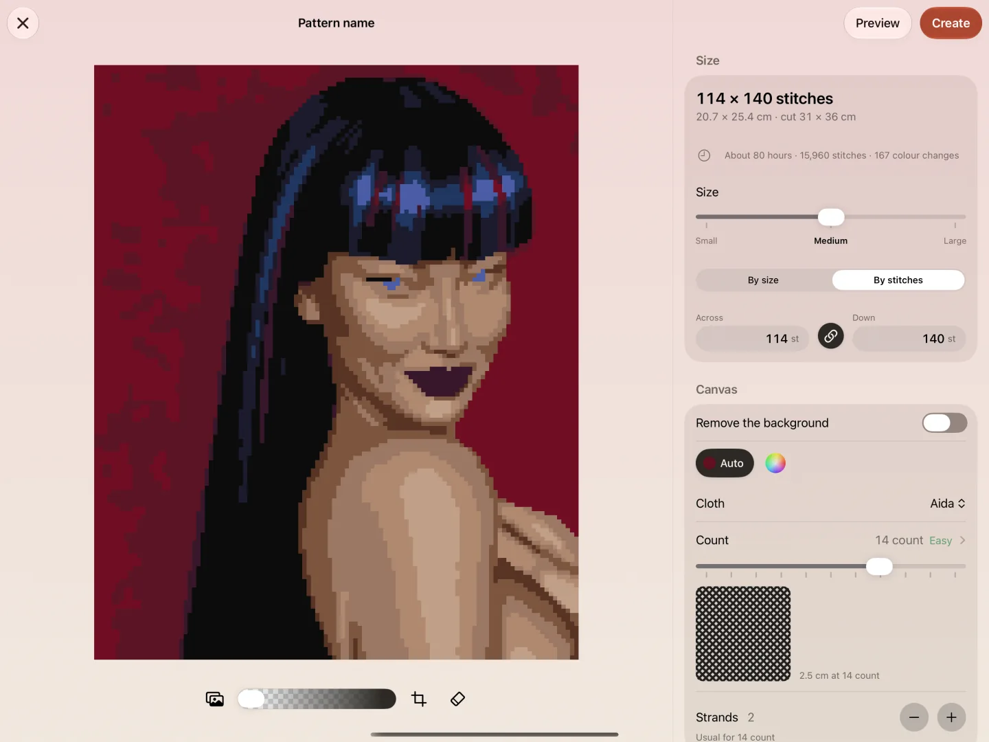 The photo studio on iPad: a portrait turned into a cross-stitch chart, with its controls on the right.