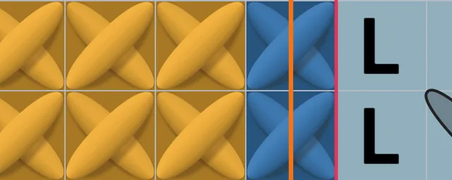 Two squares close up: on the left a marked square with a sewn cross; on the right an unmarked square, pale with its symbol.