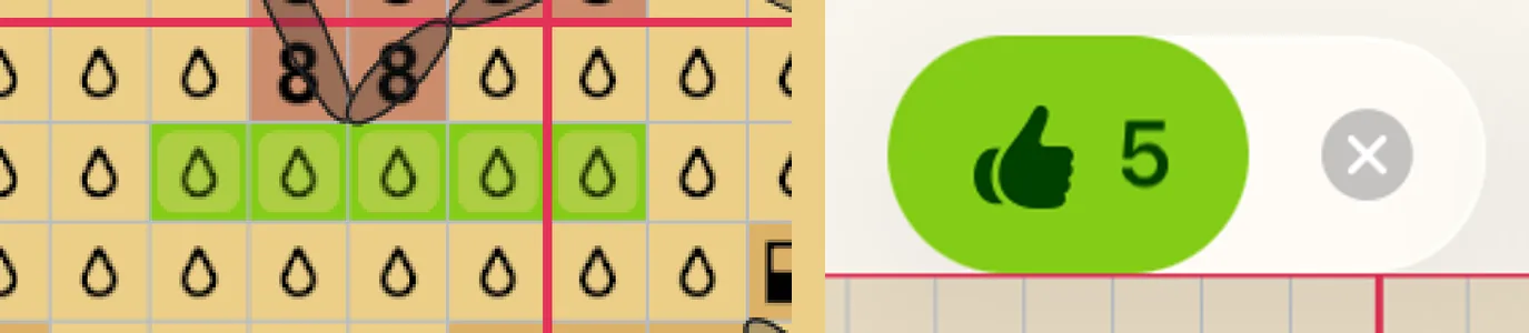 Five squares with a lime frame waiting to be confirmed, beside the lime 👍 5 button and its grey ✕.