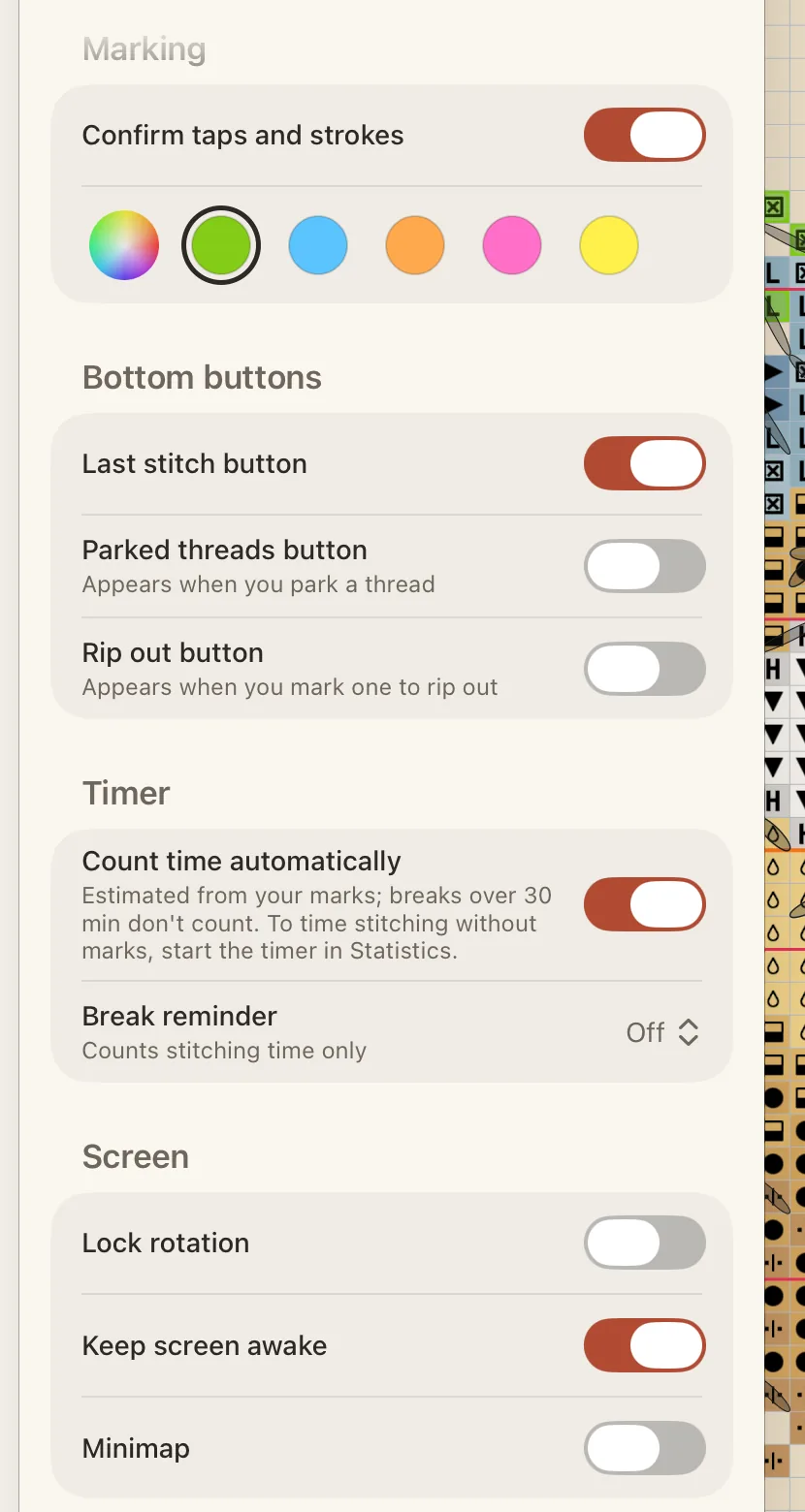 The Tools tab of the Pattern panel, scrolled to Marking, with Confirm taps and strokes, the Bottom buttons and the Screen section.