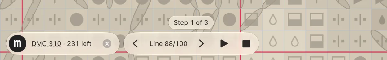 The foot of the chart during the line guide: the Step 1 of 3 tag above a capsule with arrows to other lines, play and stop.