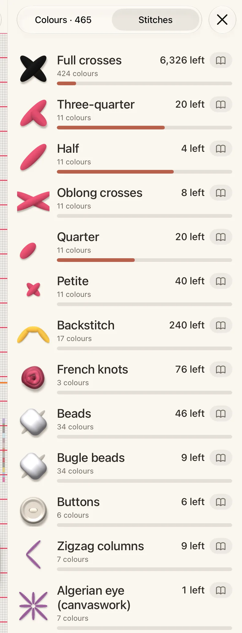 A aba Stitches da Palette, com um item para cada tipo de ponto do gráfico e quantos faltam.