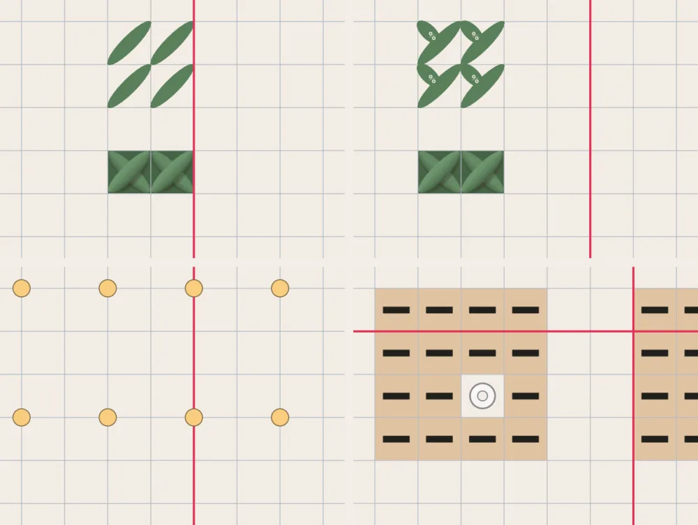 Quatro closes do gráfico: um meio ponto, um 3/4 de ponto, um nó francês e uma miçanga, do jeito que o gráfico desenha.