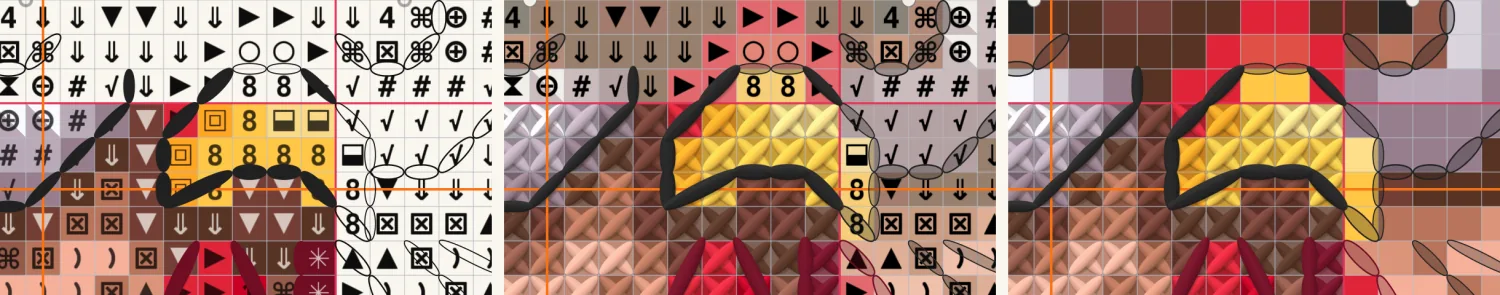 The same corner of the Super Rooster chart in three styles: symbols on white, symbols over colours, and colours only.