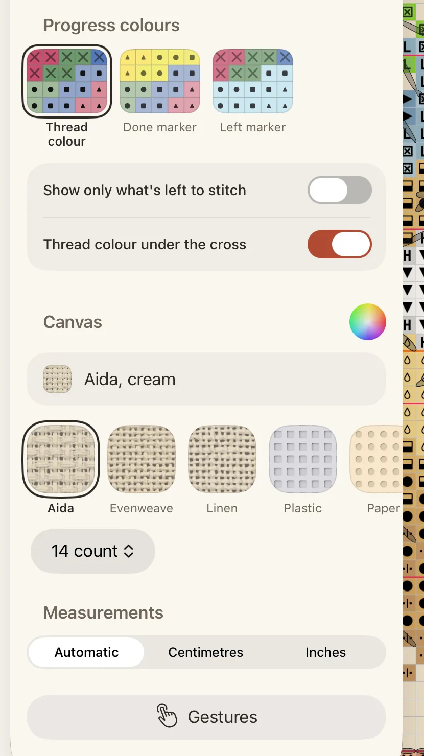 The View tab of the Pattern panel, scrolled to Progress colours and Canvas.