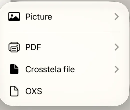 The Share menu of a card on the shelf, with Picture, PDF, OXS and Crosstela file.