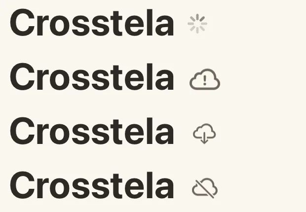 The shelf’s name with four of its marks: a spinner, a cloud with !, a cloud with an arrow down, and a struck-through cloud.