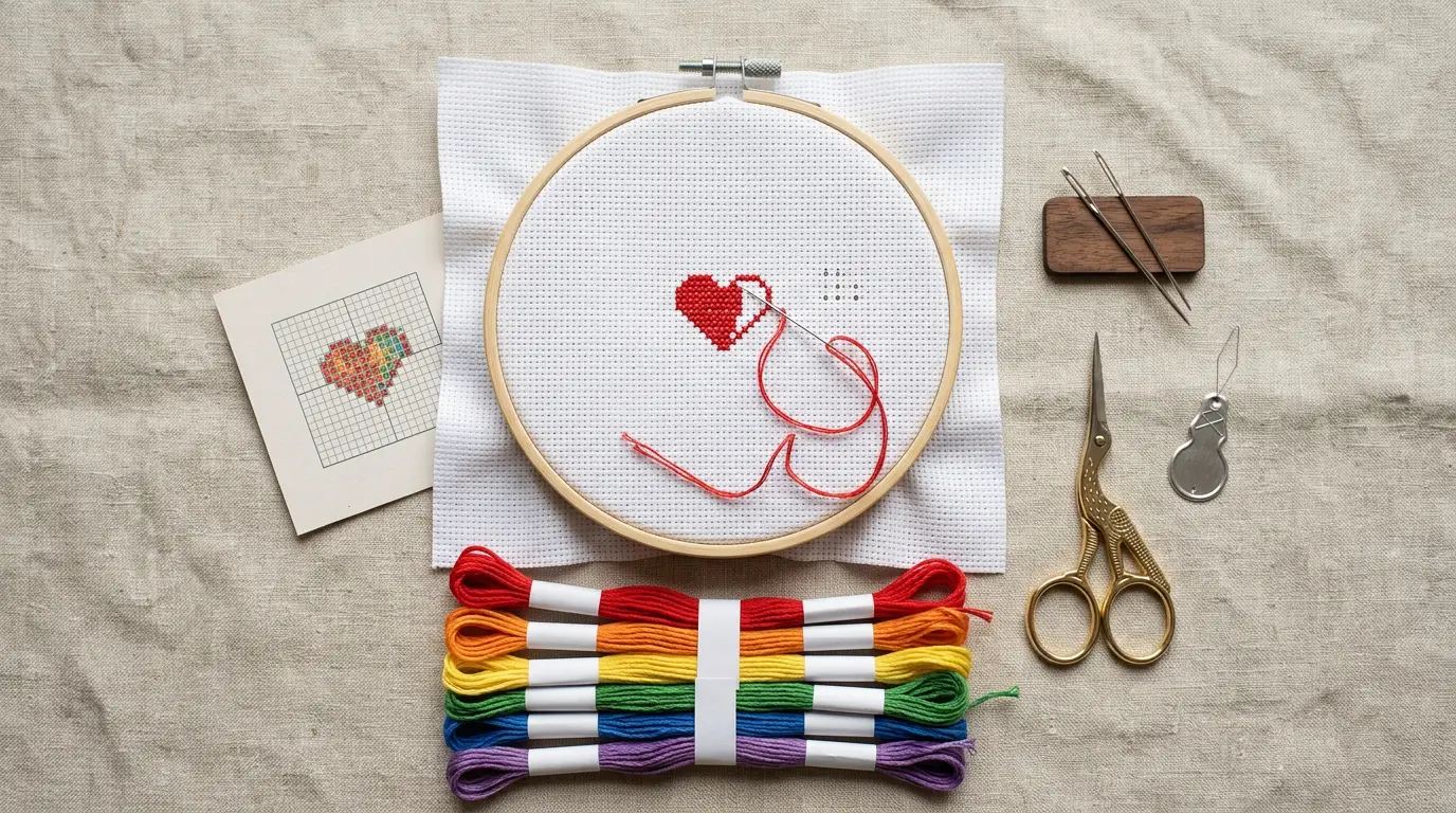 A beginner's cross-stitch kit on linen: a wooden hoop with white Aida and a small red heart half stitched, rainbow skeins of floss, needles, a threader and gold scissors.
