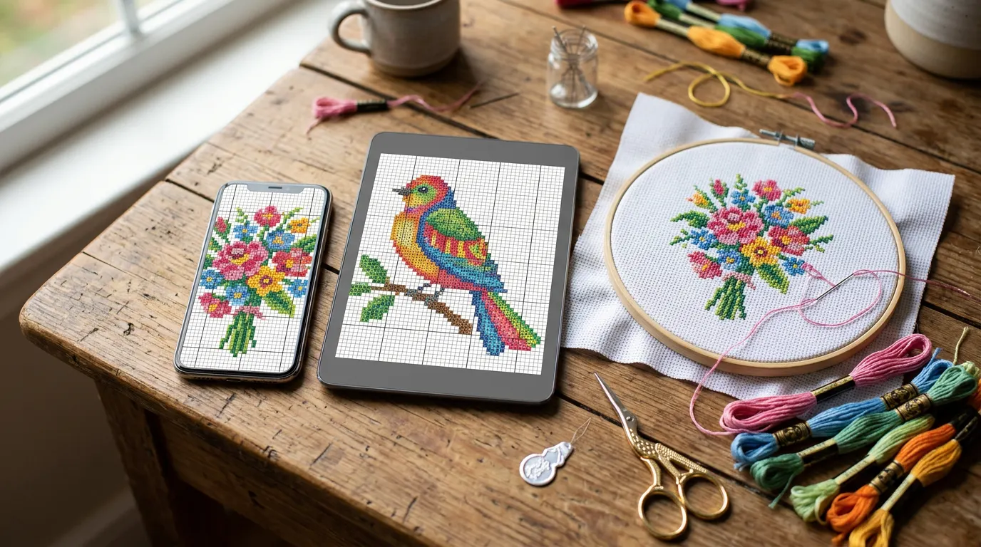 A phone and a tablet on a wooden table, each showing a colourful cross-stitch chart, beside a hoop of half-stitched flowers, skeins of floss and small gold scissors.