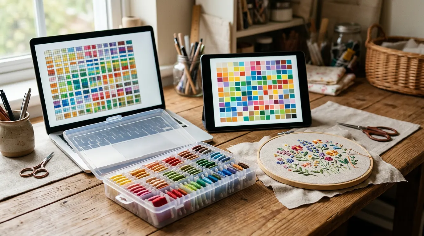 A laptop and a tablet on a craft desk, both showing colourful cross-stitch charts, with a floss organiser box and a hoop of stitched flowers.