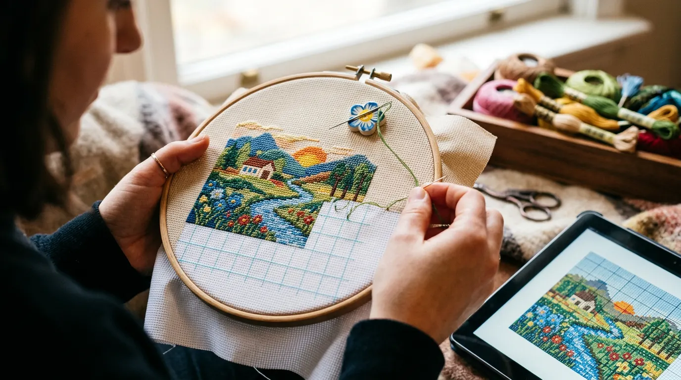 Hands stitching a landscape in a hoop: the stitched part is full of colour, the rest is blank Aida, and a tablet beside it shows the chart.