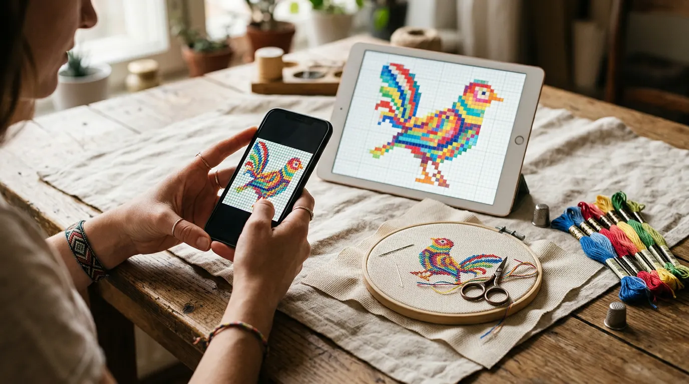 Hands holding a phone that shows a colourful rooster chart, with the same chart on a tablet and the half-stitched rooster in a hoop on the table.