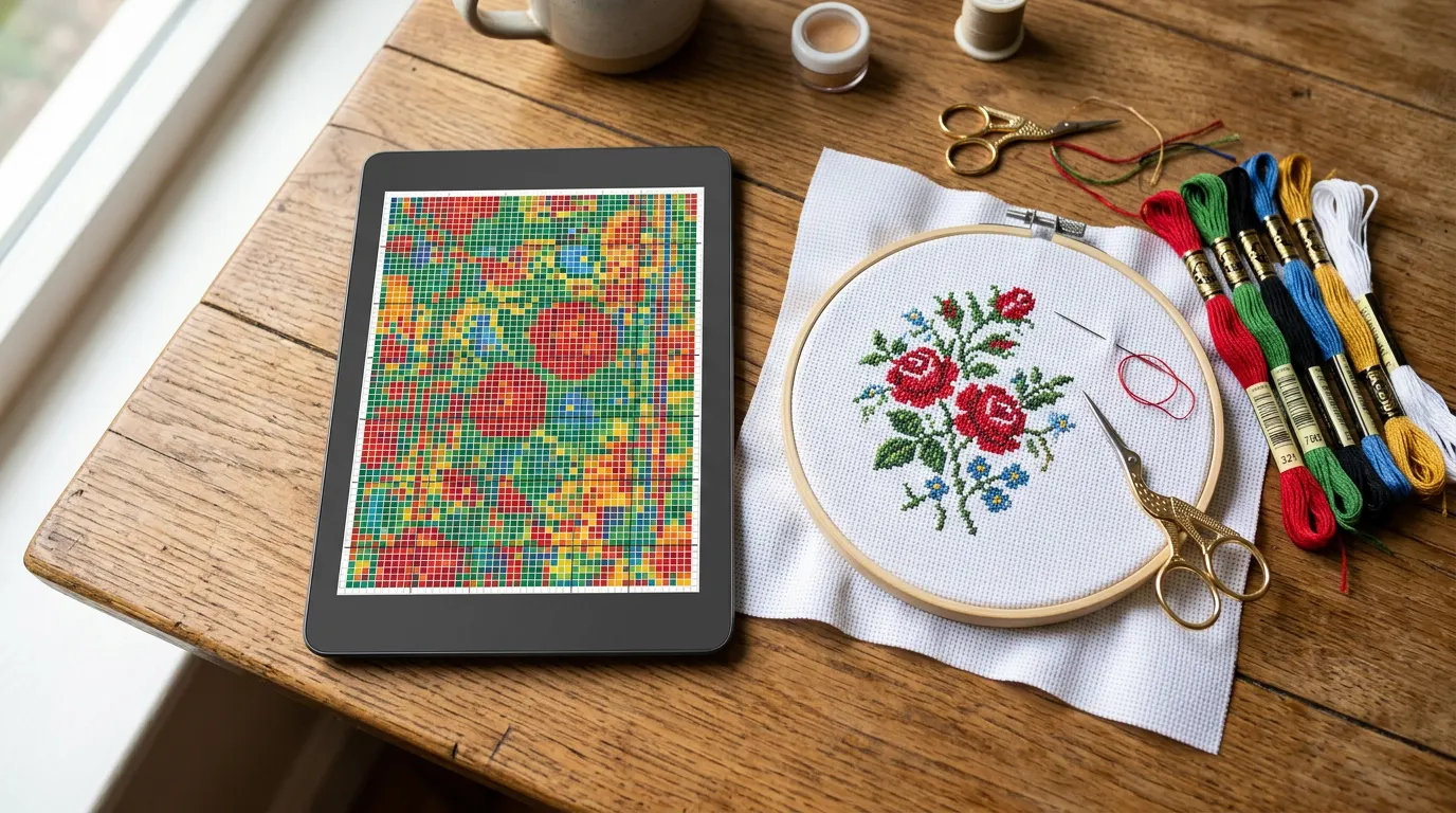 Um tablet com um gráfico de ponto cruz floral bem colorido ao lado de um bastidor com rosas vermelhas bordadas em étamine branca, meadas de linha e uma tesoura dourada em forma de cegonha.