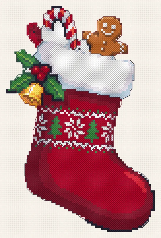 Christmas stocking with a gingerbread man cross stitch: how the finished piece looks